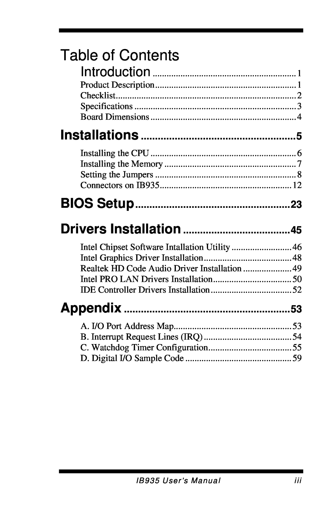 Intel IB935 Installations, BIOS Setup, Appendix, Introduction, Intel PRO LAN Drivers Installation, Table of Contents 