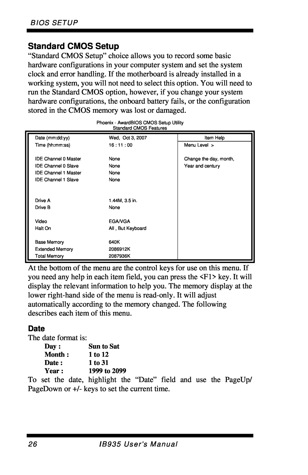 Intel IB935 user manual Standard CMOS Setup, Date 