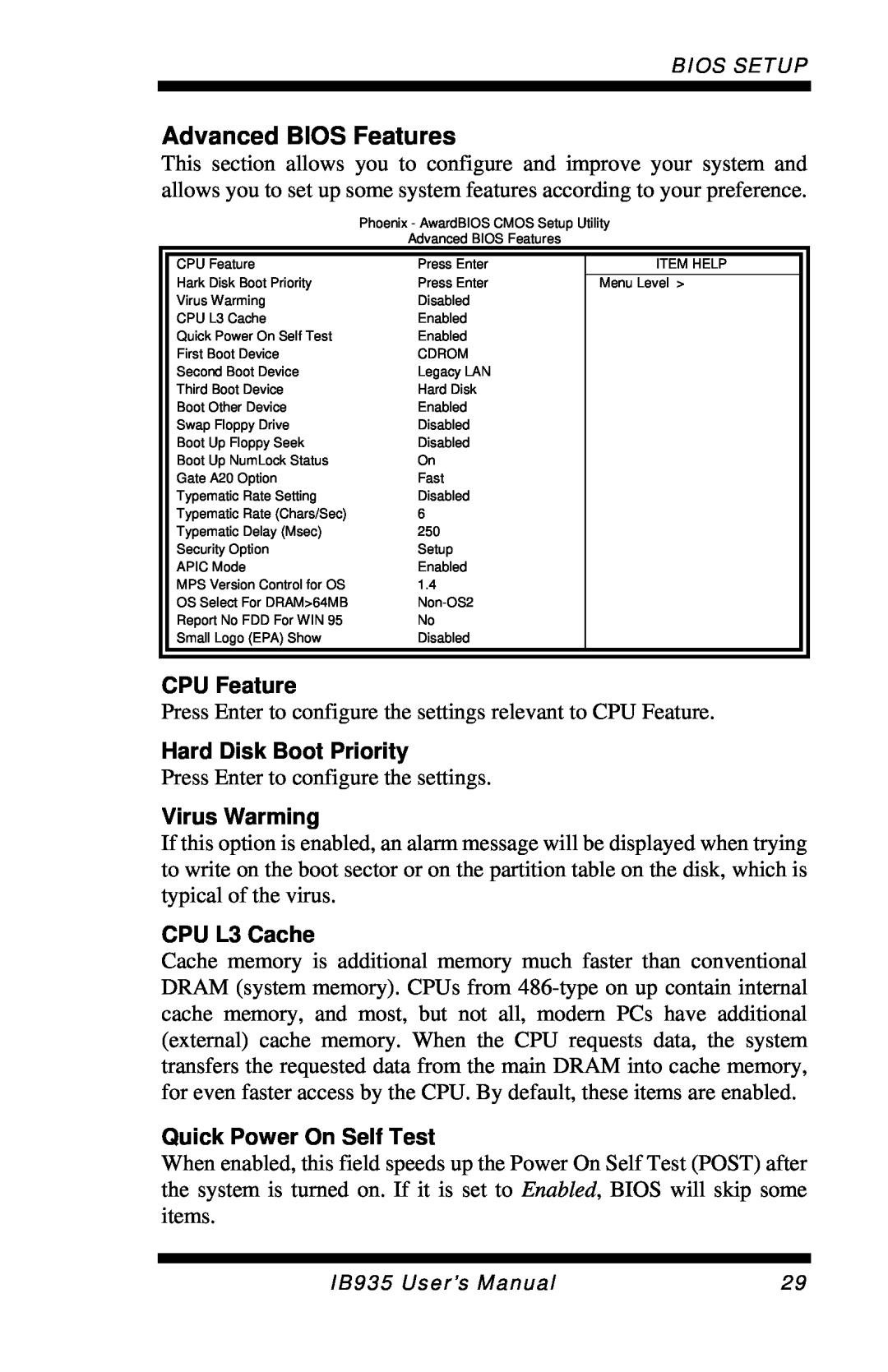 Intel IB935 user manual Advanced BIOS Features, CPU Feature, Hard Disk Boot Priority, Virus Warming, CPU L3 Cache 