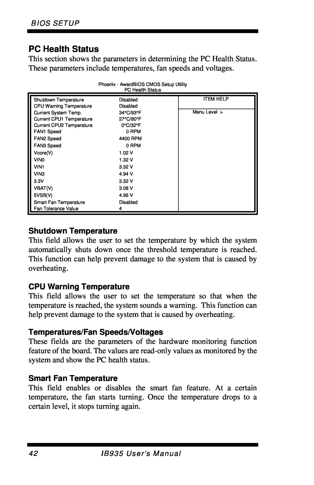 Intel IB935 user manual PC Health Status, Shutdown Temperature, CPU Warning Temperature, Temperatures/Fan Speeds/Voltages 