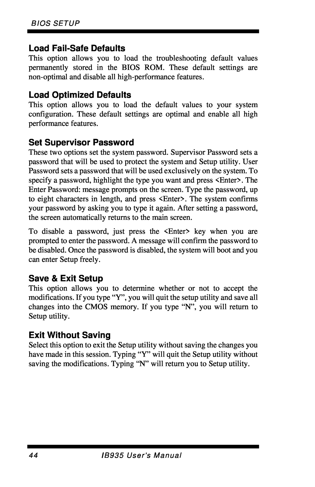 Intel IB935 user manual Load Fail-Safe Defaults, Load Optimized Defaults, Set Supervisor Password, Save & Exit Setup 