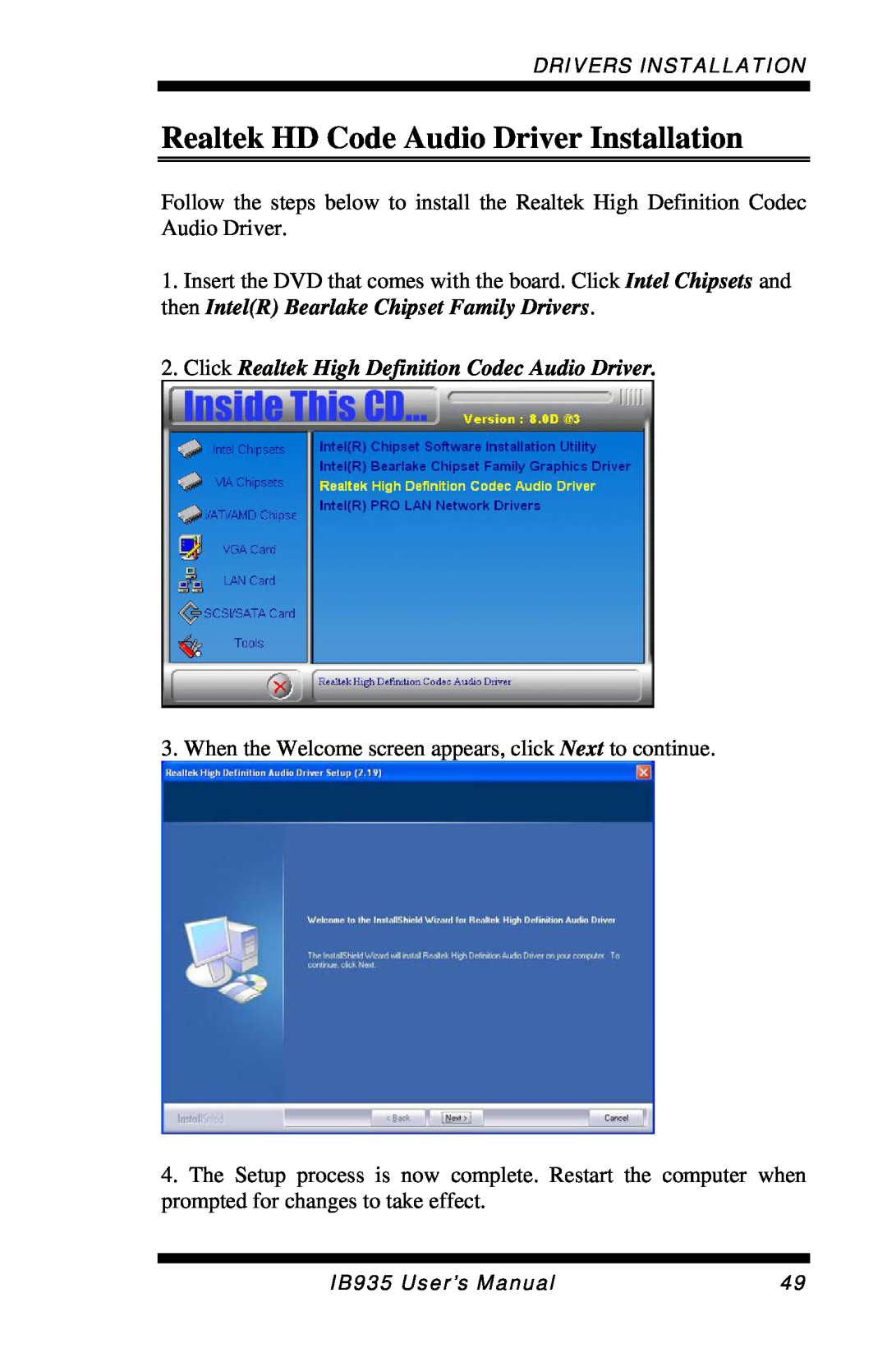 Intel IB935 user manual Realtek HD Code Audio Driver Installation, Click Realtek High Definition Codec Audio Driver 