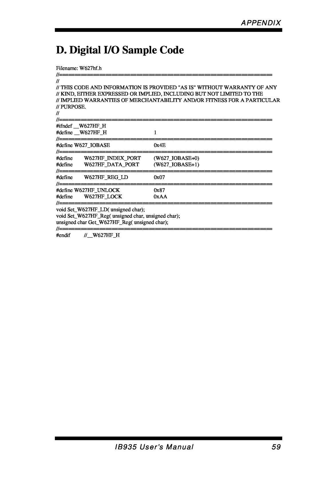Intel user manual D. Digital I/O Sample Code, Appendix, IB935 User’s Manual 