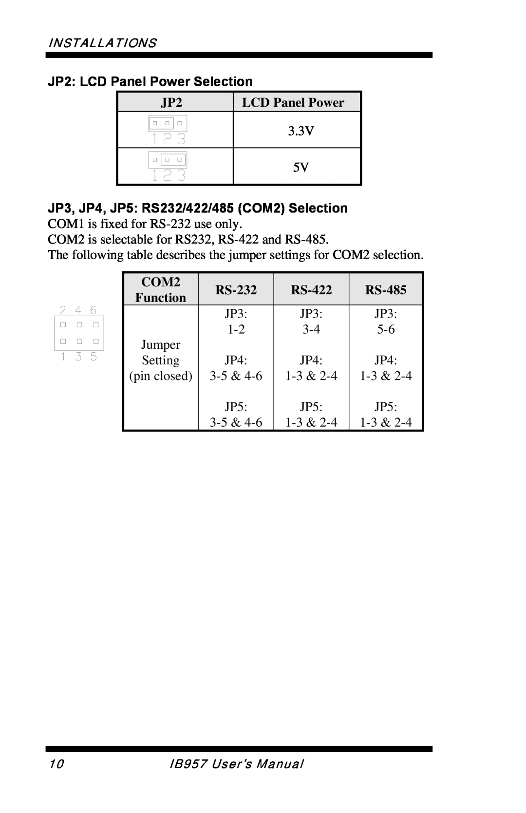 Intel IB957 user manual JP2 LCD Panel Power Selection, COM2, RS-232, Function, RS-422, RS-485 
