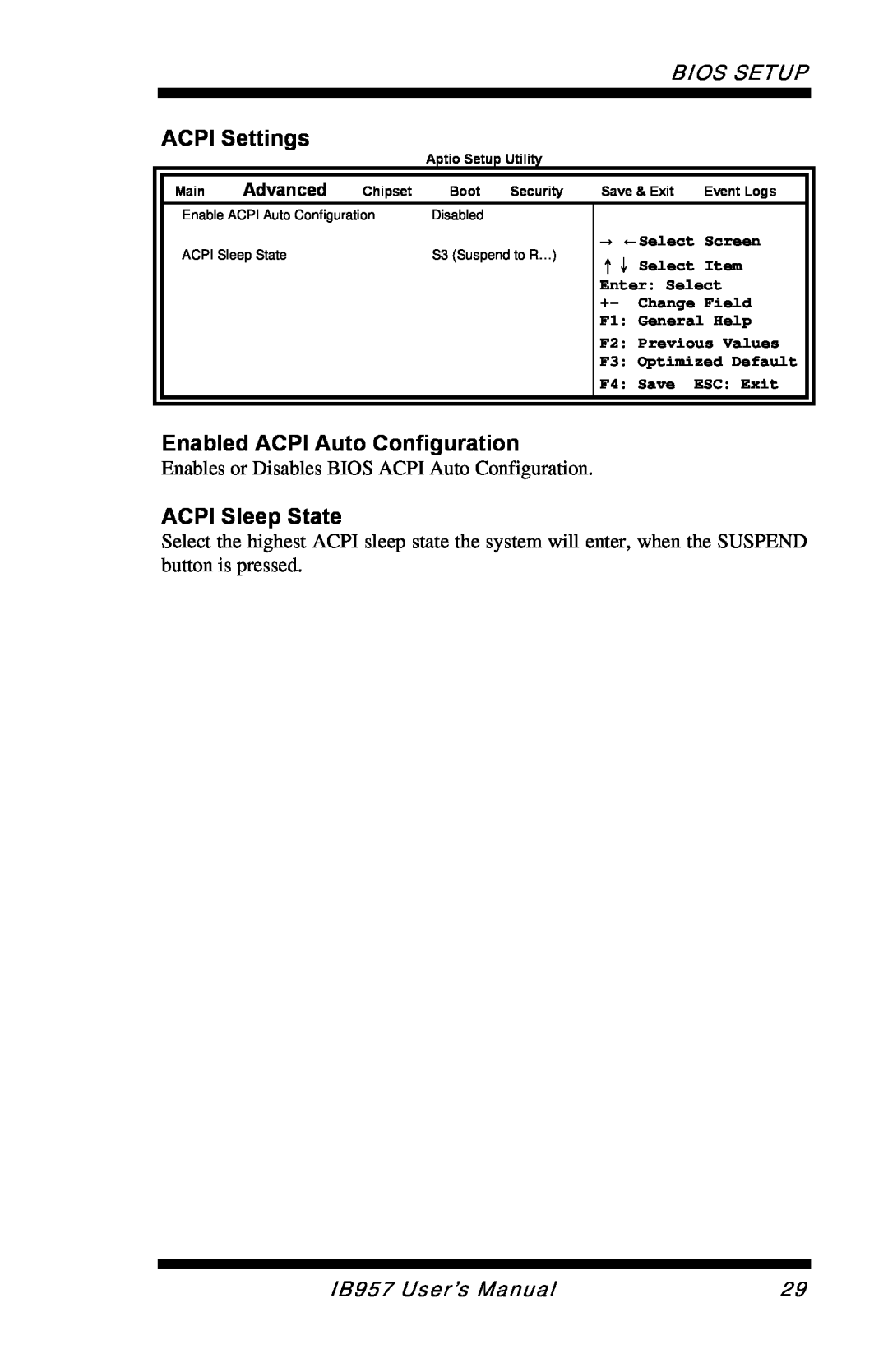 Intel ACPI Settings, Enabled ACPI Auto Configuration, ACPI Sleep State, Bios Setup, IB957 User’s Manual, Advanced 