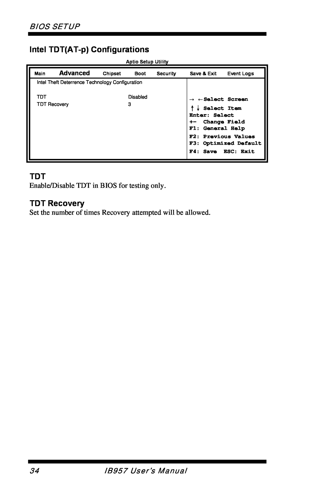 Intel IB957 TDT Recovery, Intel TDTAT-p Configurations, Bios Setup, Enable/Disable TDT in BIOS for testing only, Advanced 