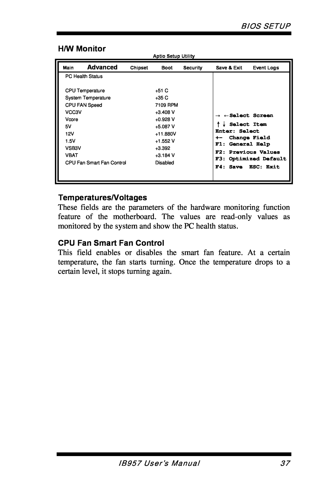 Intel IB957 user manual H/W Monitor, Temperatures/Voltages, CPU Fan Smart Fan Control 