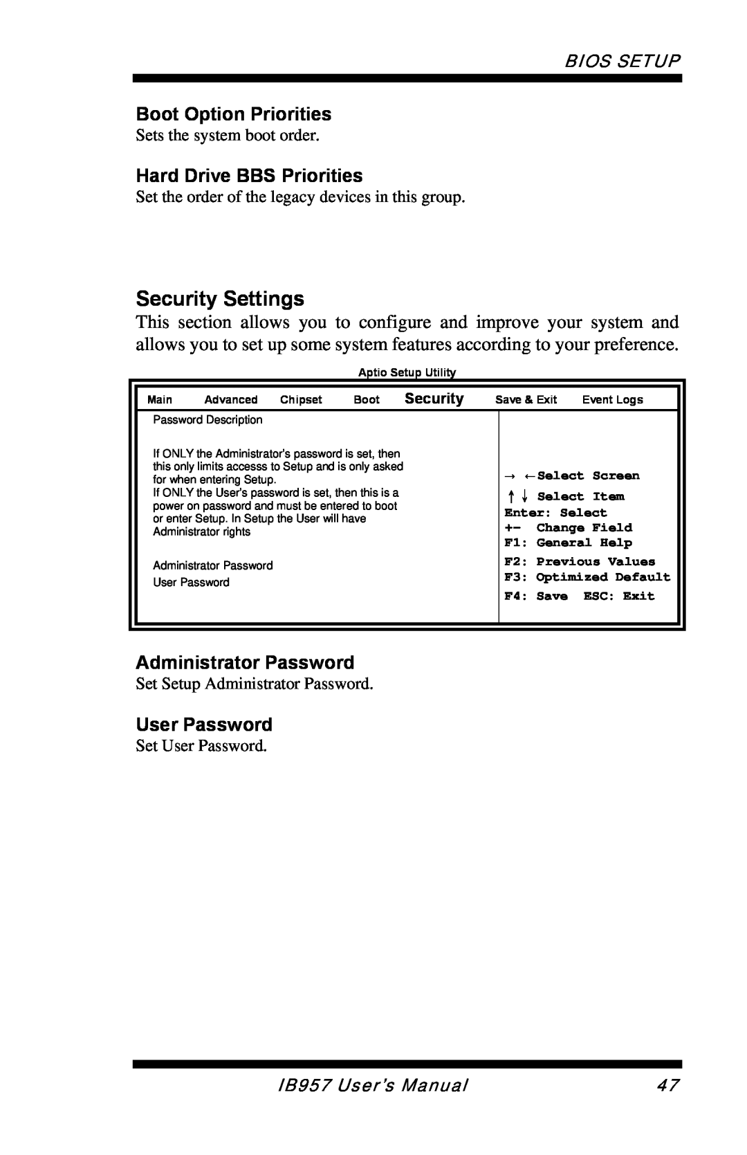 Intel IB957 Security Settings, Boot Option Priorities, Hard Drive BBS Priorities, Administrator Password, User Password 