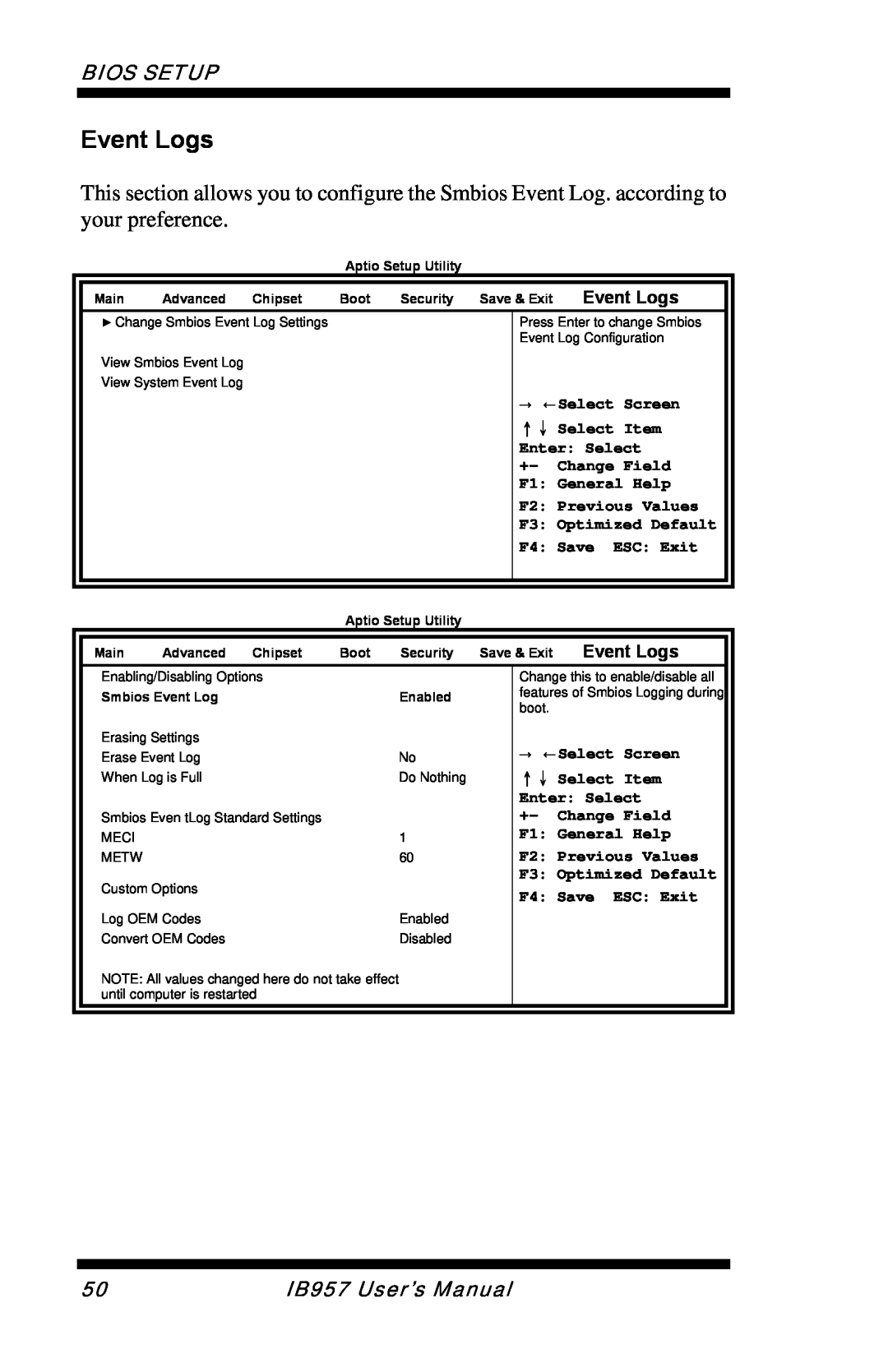 Intel Event Logs, Bios Setup, IB957 User’s Manual, → ←Select Screen, ↑↓ Select Item, Enter Select, Change Field 