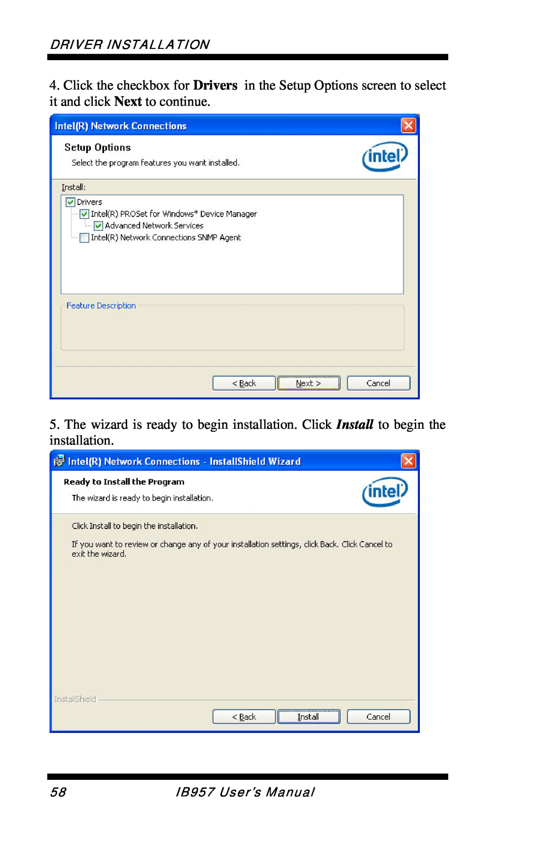 Intel IB957 user manual Click the checkbox for Drivers in the Setup Options screen to select it and click Next to continue 