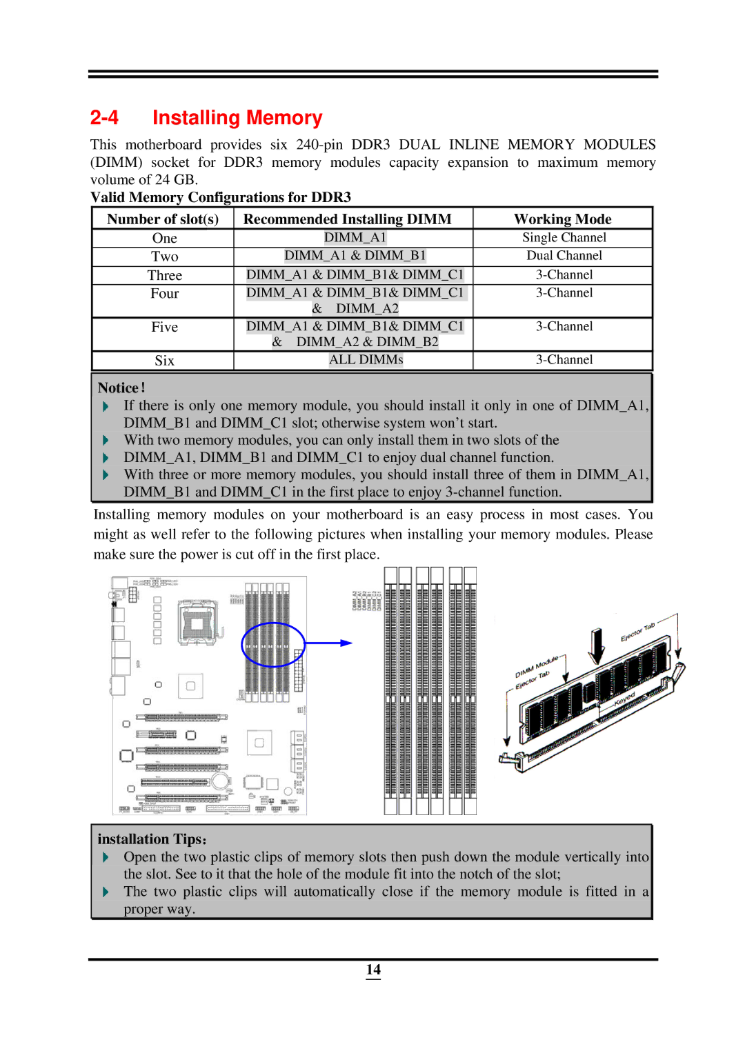 Intel X58, ICH10R user manual Installing Memory, Installation Tips： 