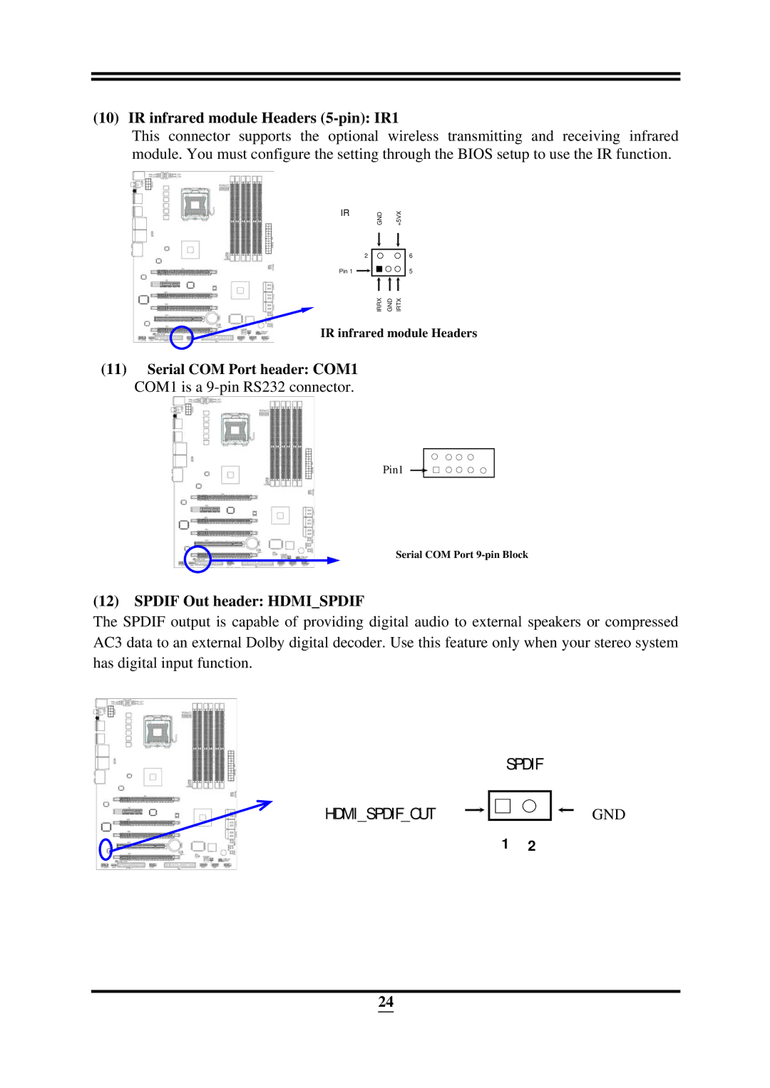 Intel X58, ICH10R user manual IR infrared module Headers 5-pin IR1, Spdif Out header Hdmispdif 