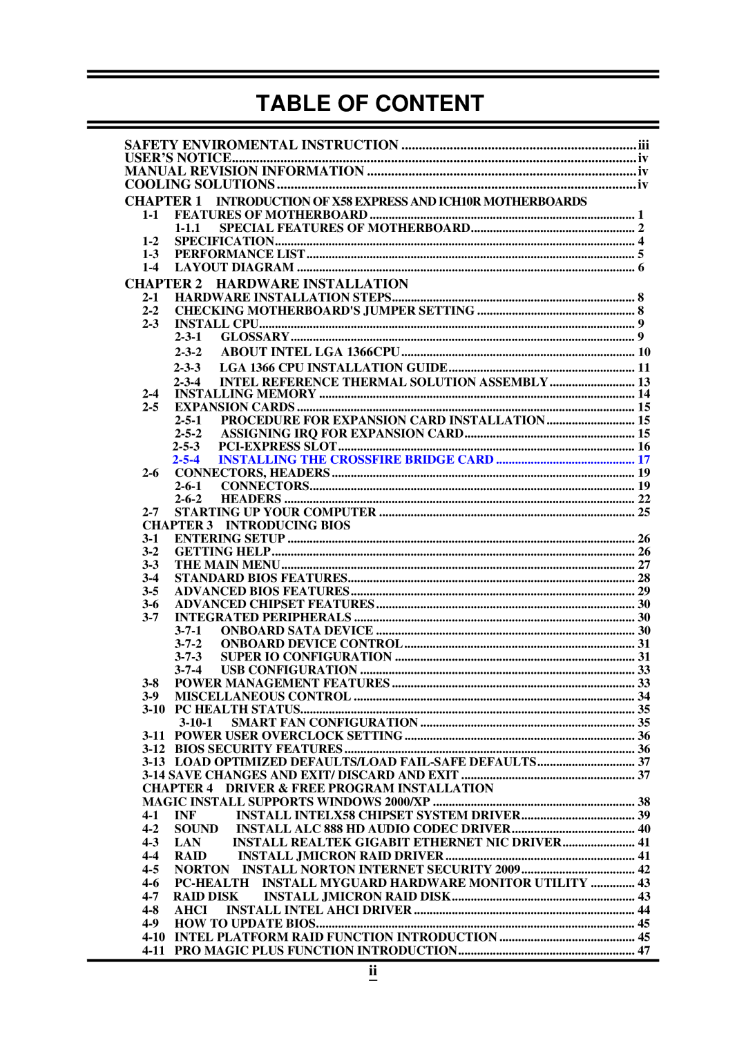 Intel X58, ICH10R user manual Table of Content 