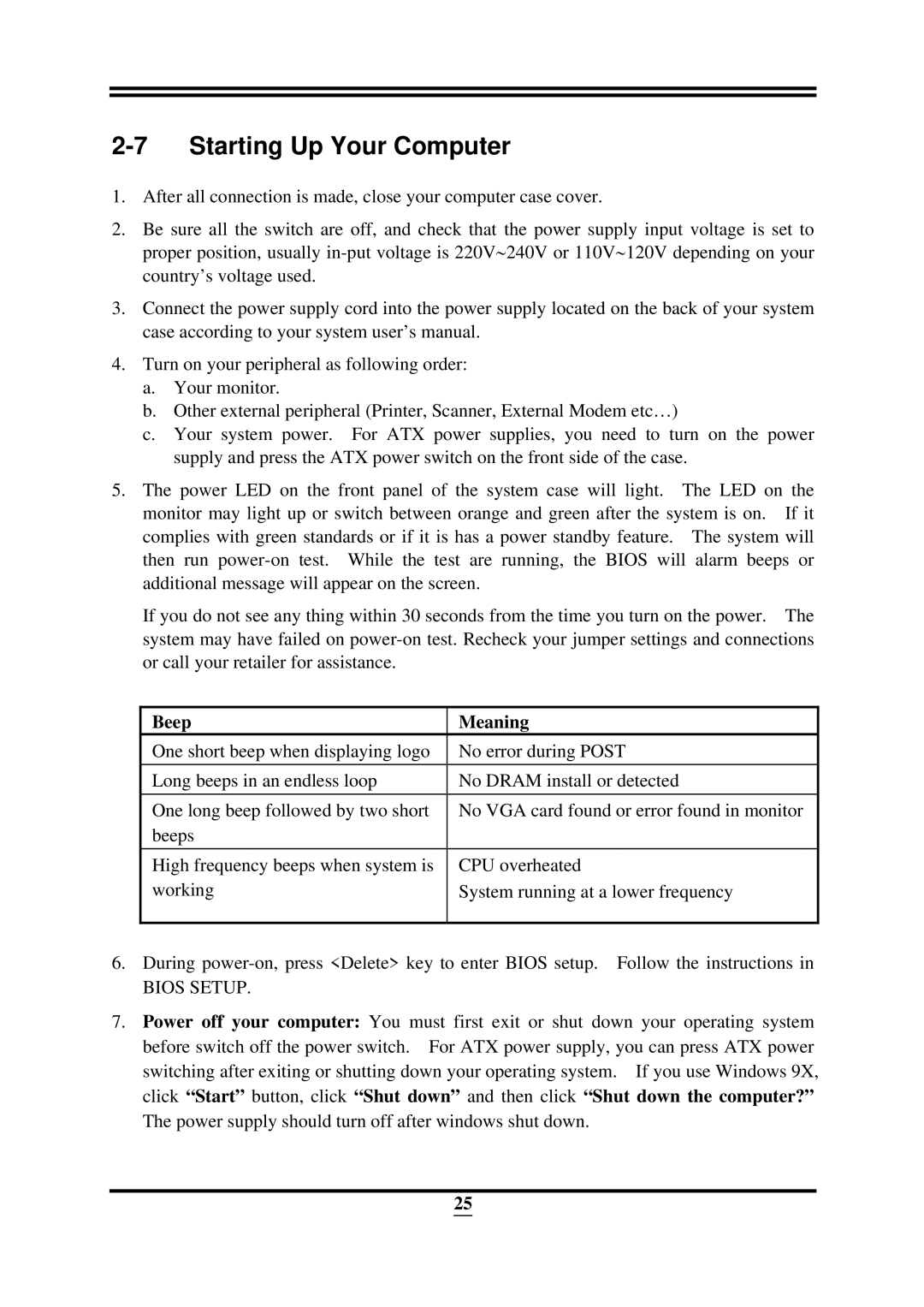 Intel ICH10R, X58 user manual Starting Up Your Computer, Beep Meaning 