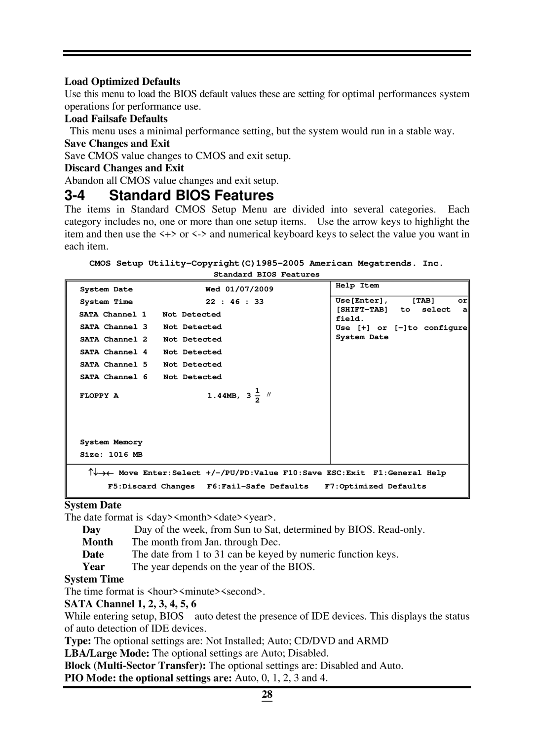 Intel X58, ICH10R user manual Standard Bios Features 