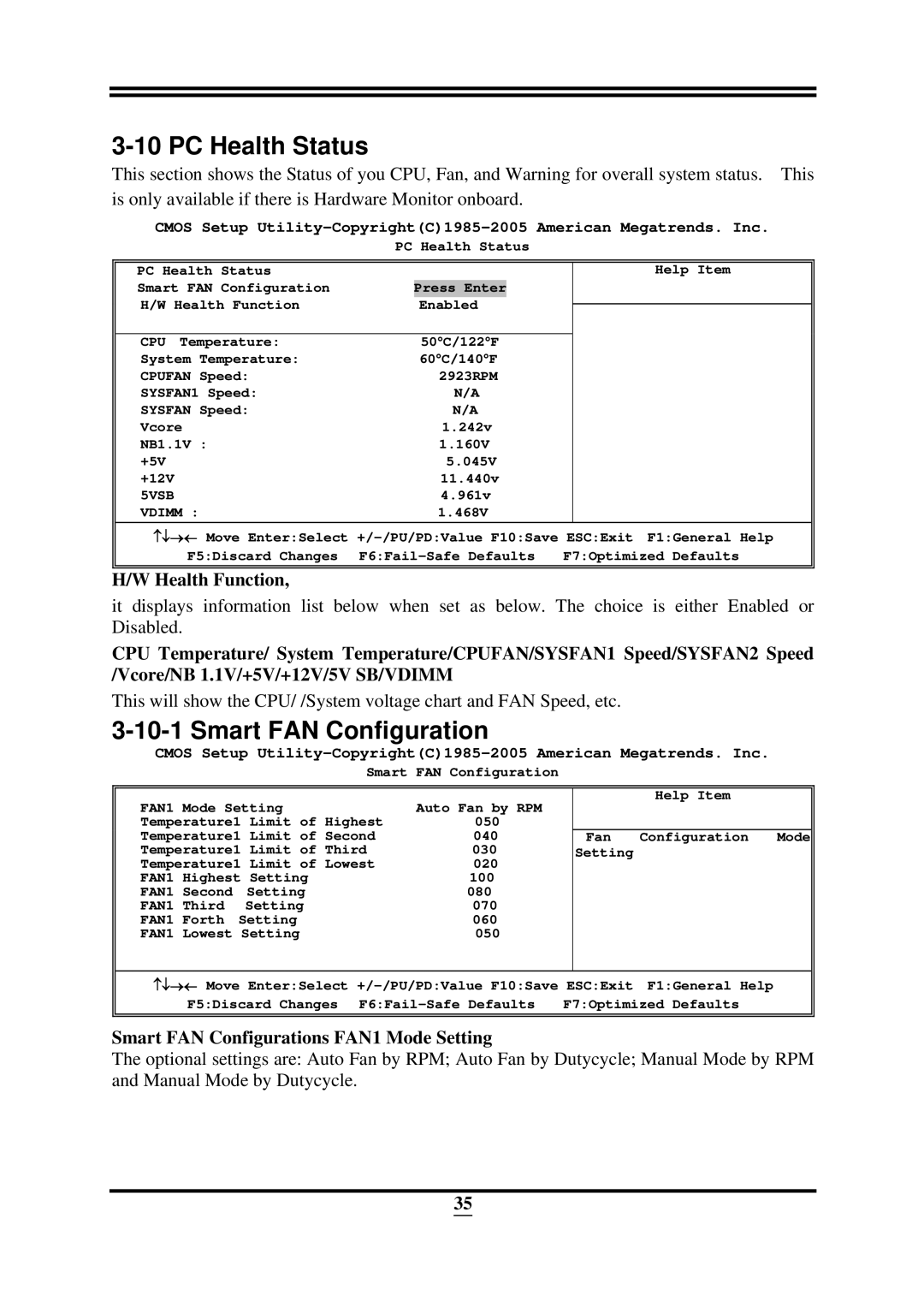 Intel ICH10R, X58 user manual PC Health Status, Health Function, Smart FAN Configurations FAN1 Mode Setting 