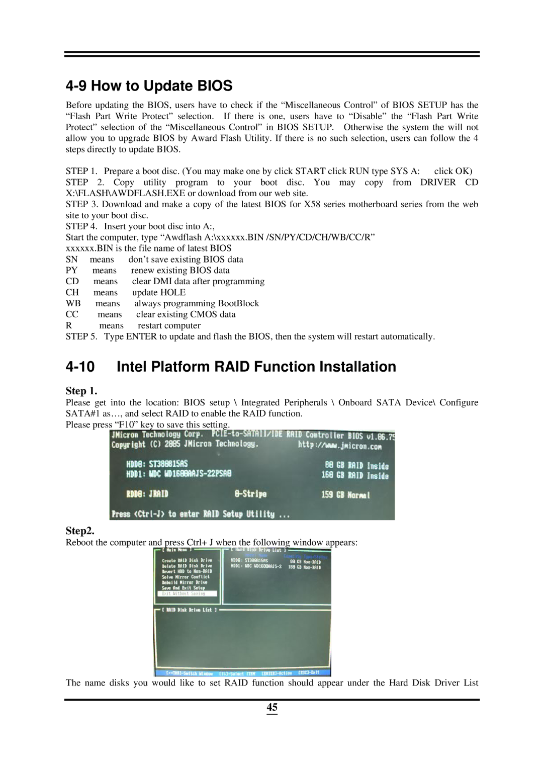 Intel ICH10R, X58 user manual How to Update Bios, Intel Platform RAID Function Installation, Step 