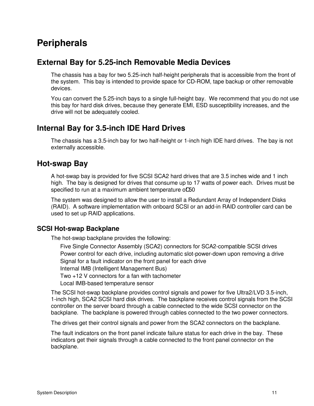 Intel II manual Peripherals, External Bay for 5.25-inch Removable Media Devices, Internal Bay for 3.5-inch IDE Hard Drives 