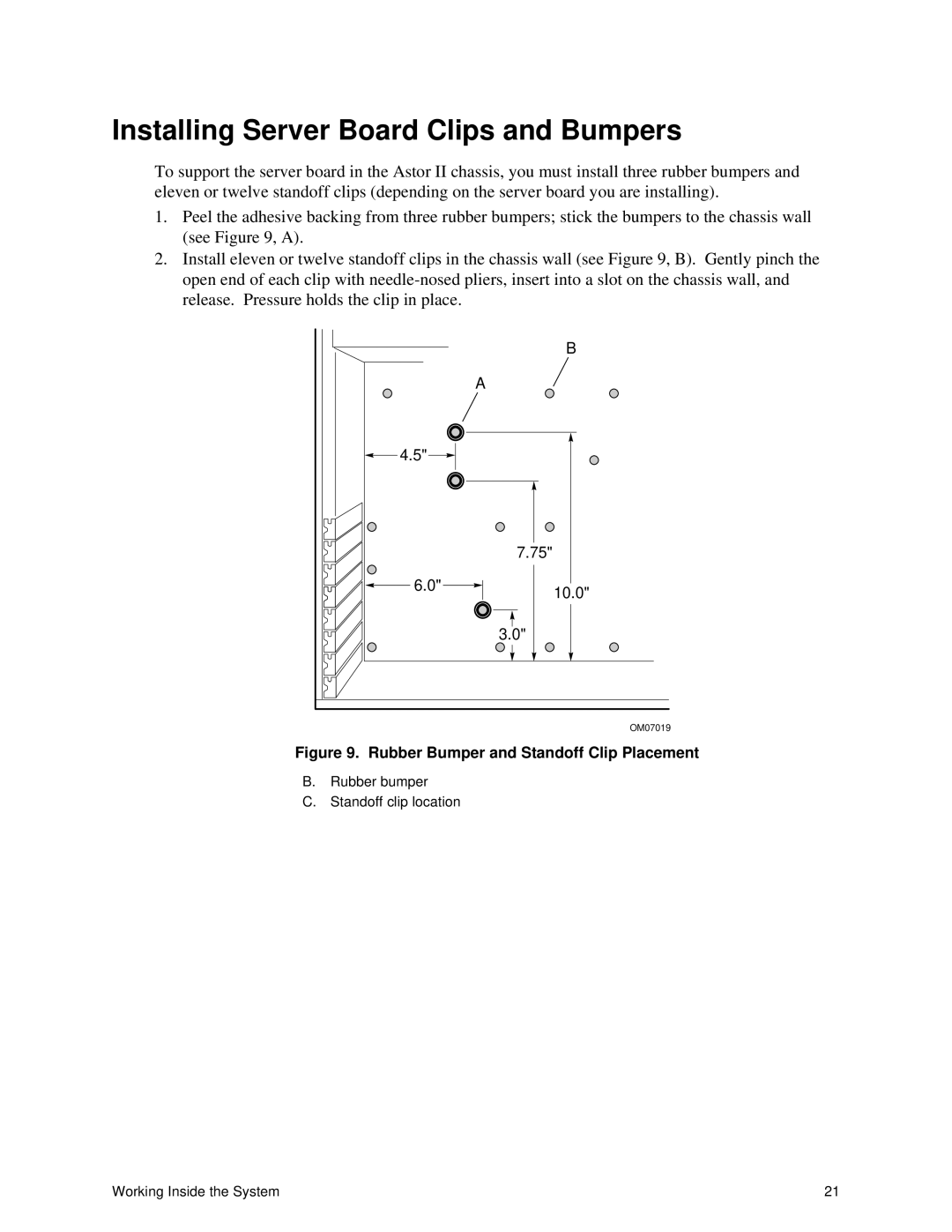 Intel II manual Installing Server Board Clips and Bumpers, Rubber Bumper and Standoff Clip Placement 