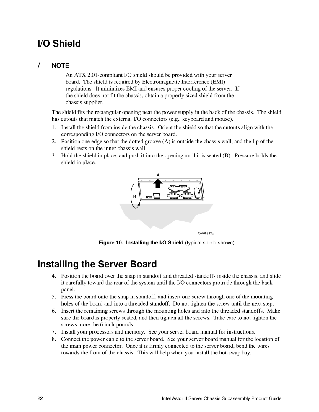 Intel II manual Shield, Installing the Server Board 