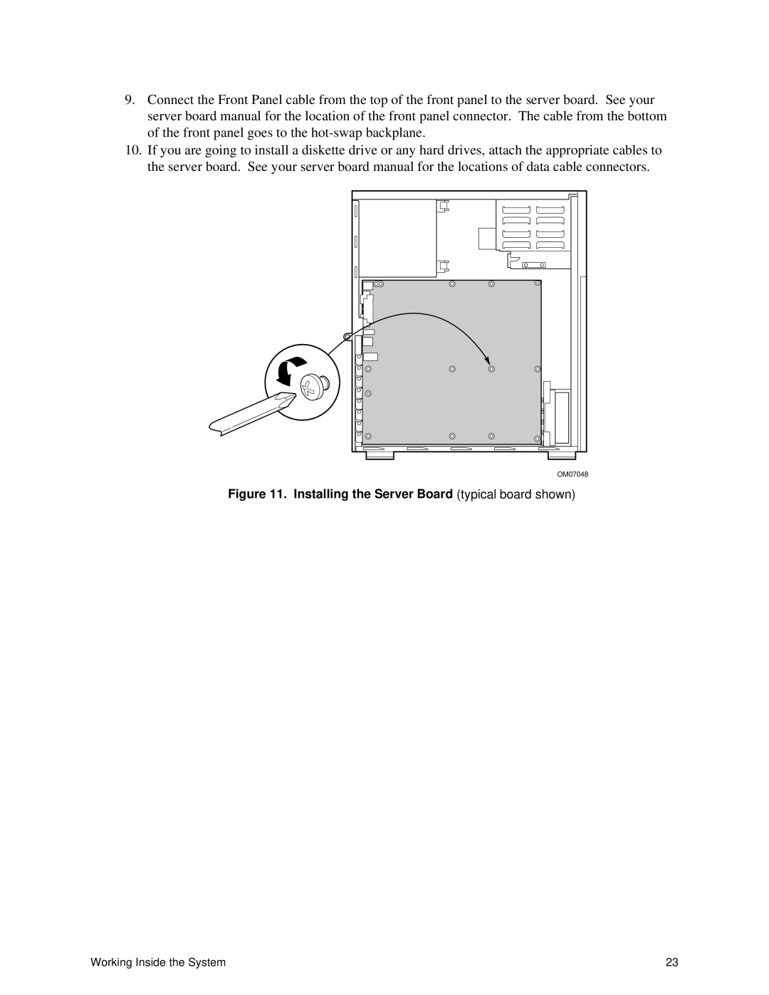 Intel II manual Installing the Server Board typical board shown 