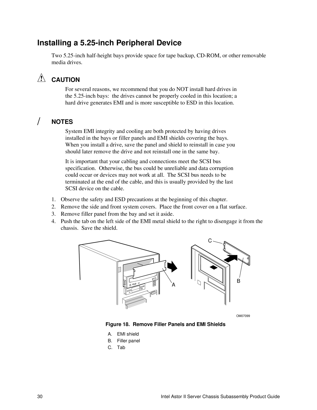 Intel II manual Installing a 5.25-inch Peripheral Device, Remove Filler Panels and EMI Shields 