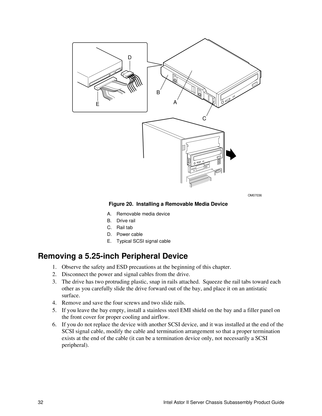 Intel II manual Removing a 5.25-inch Peripheral Device, Installing a Removable Media Device 