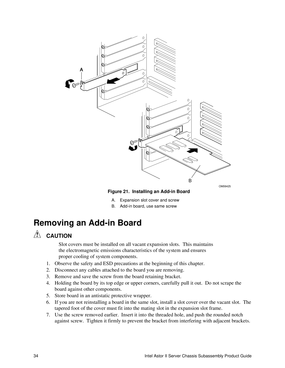 Intel II manual Removing an Add-in Board, Installing an Add-in Board 