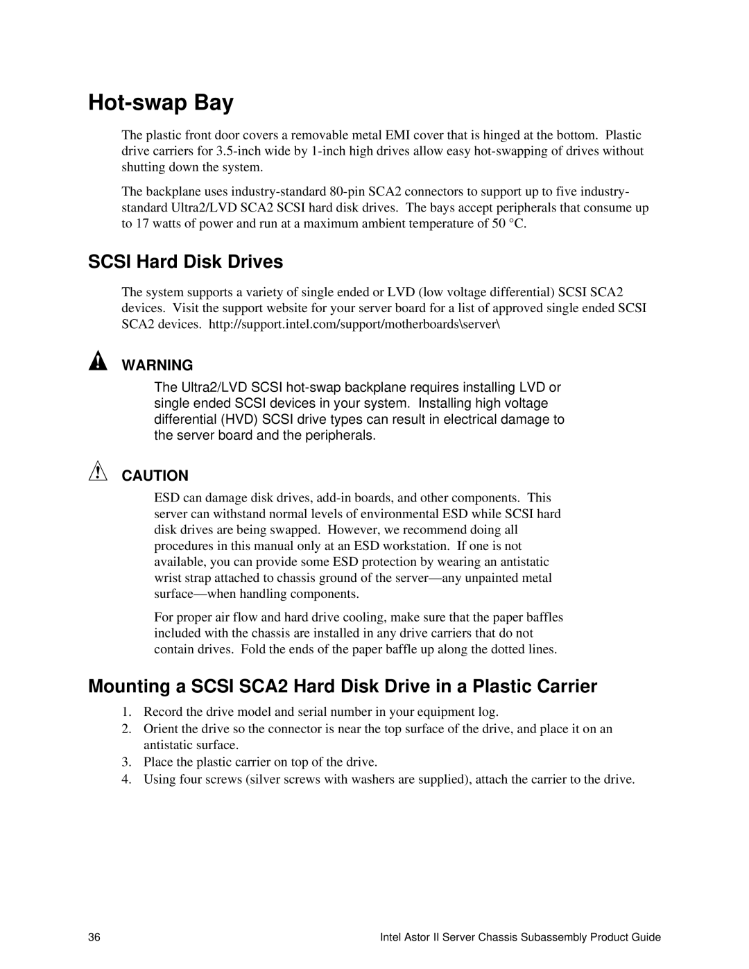 Intel II manual Hot-swap Bay, Scsi Hard Disk Drives, Mounting a Scsi SCA2 Hard Disk Drive in a Plastic Carrier 