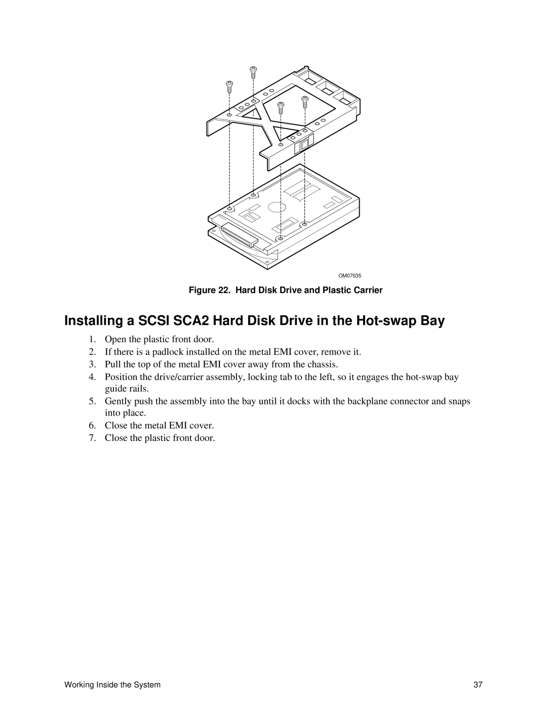 Intel II manual Installing a Scsi SCA2 Hard Disk Drive in the Hot-swap Bay, Hard Disk Drive and Plastic Carrier 