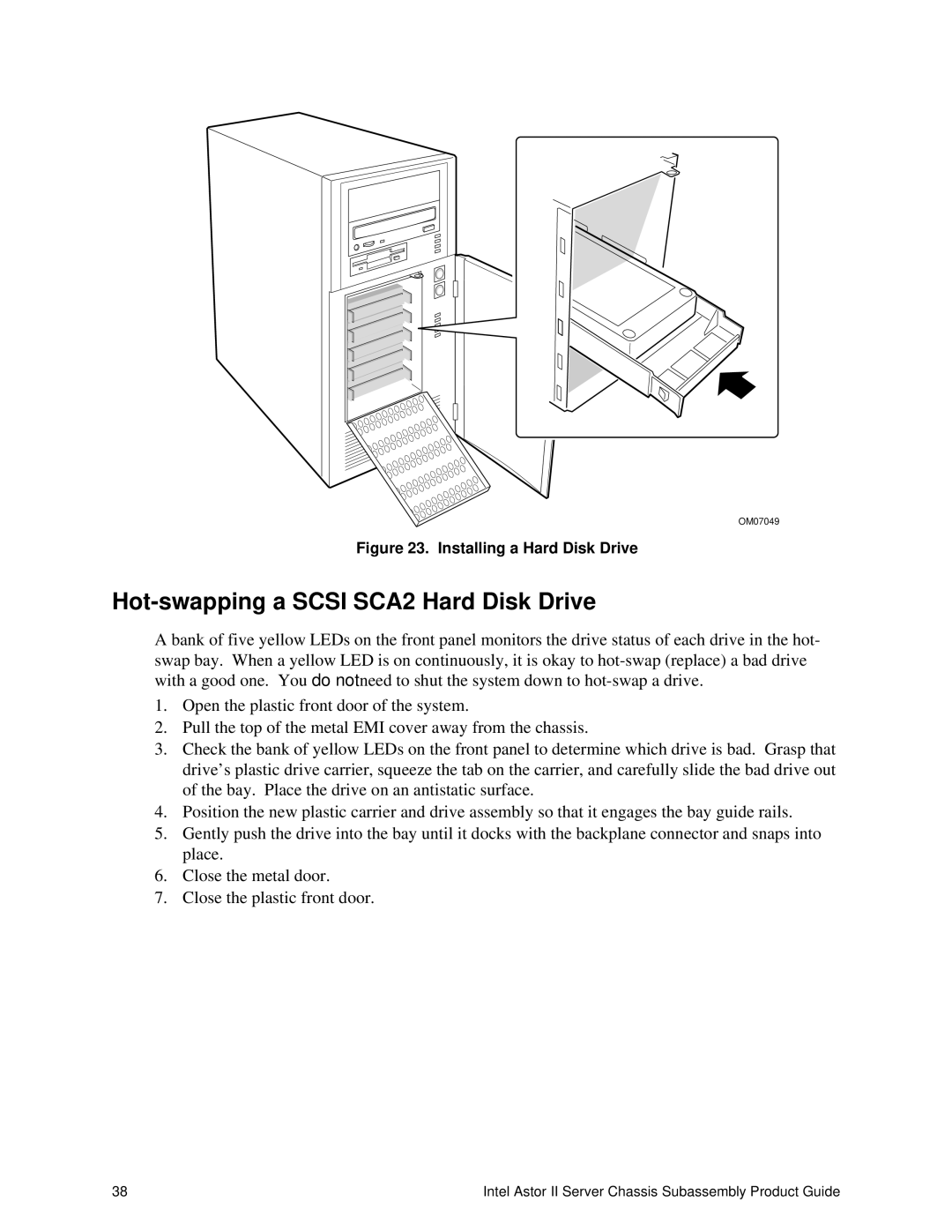 Intel II manual Hot-swapping a Scsi SCA2 Hard Disk Drive, Installing a Hard Disk Drive 