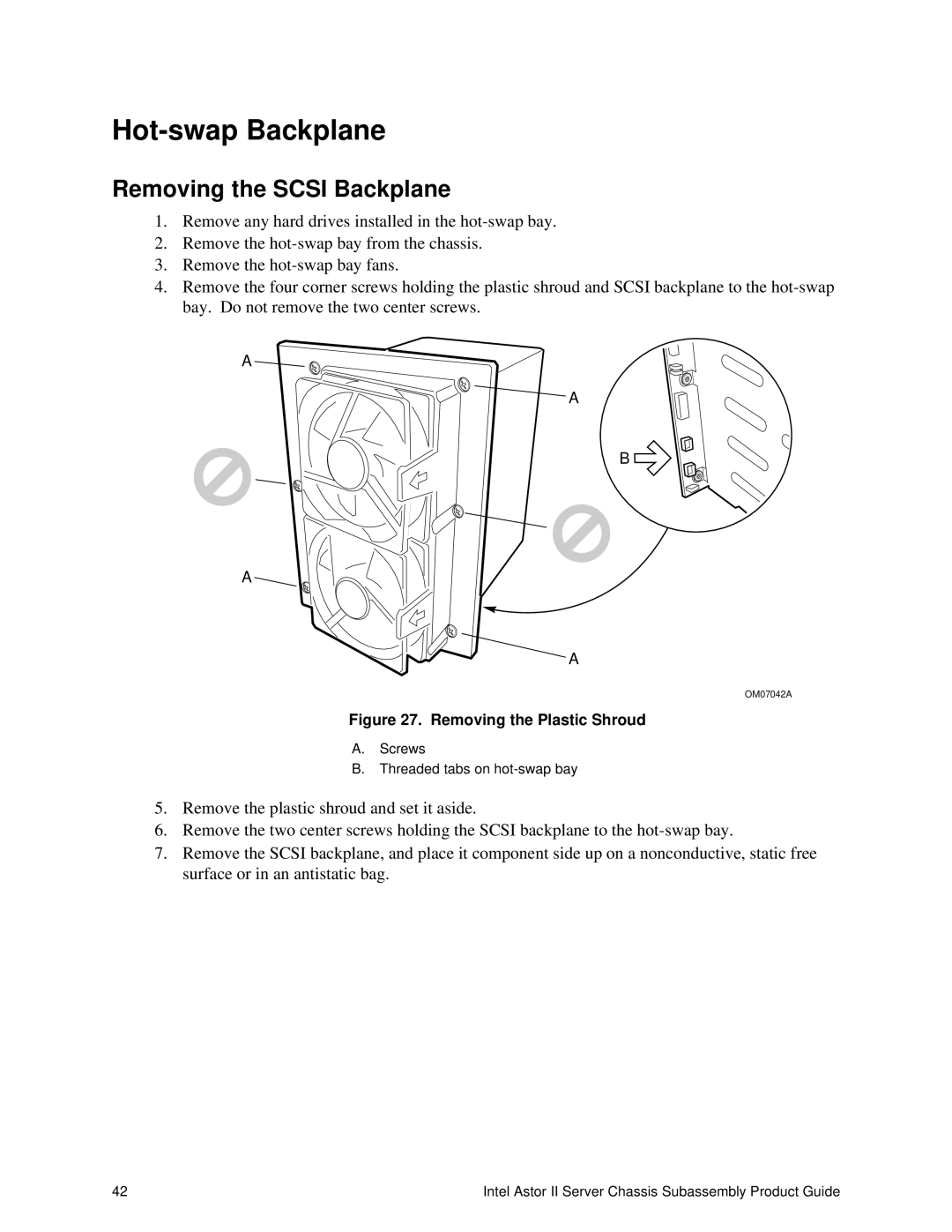 Intel II manual Hot-swap Backplane, Removing the Scsi Backplane 