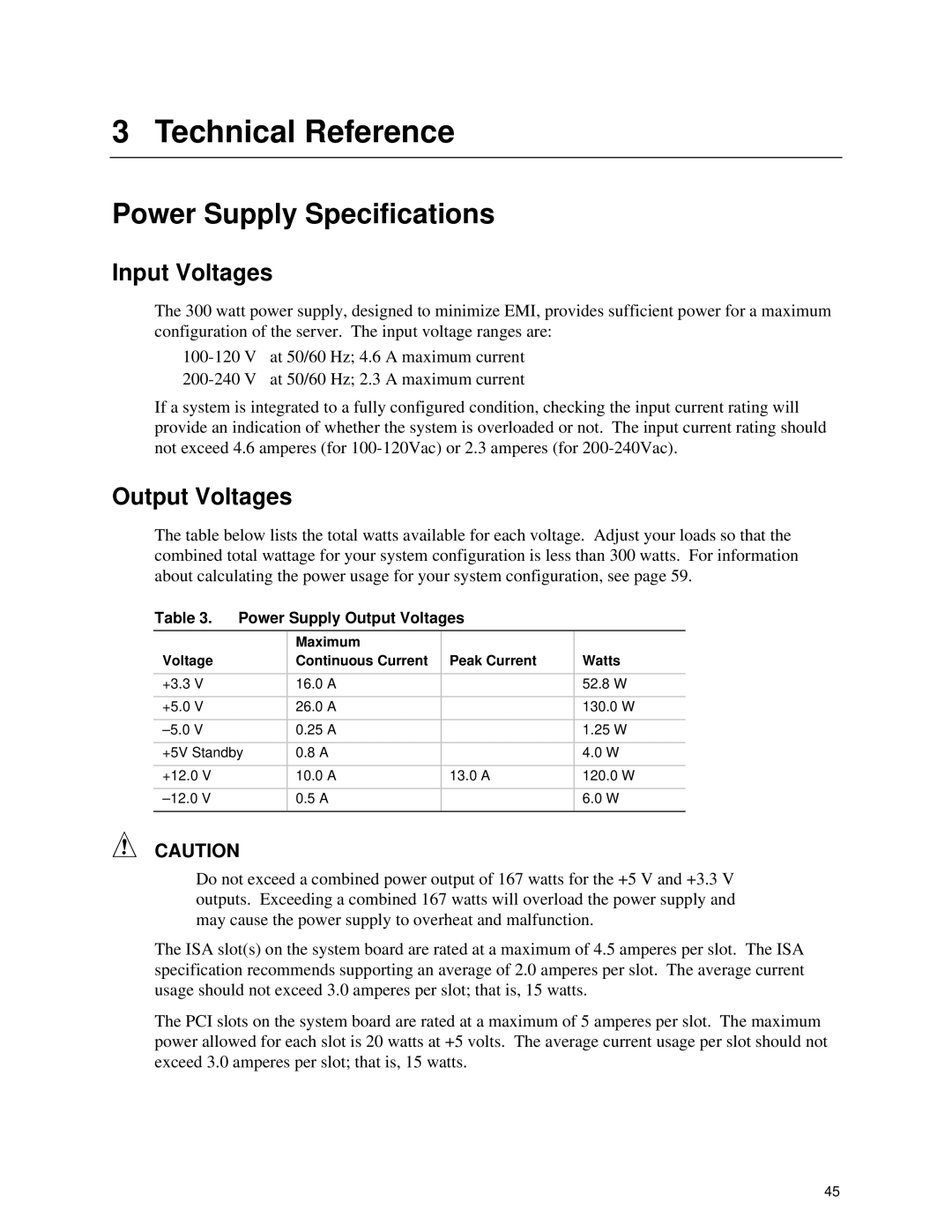 Intel II manual Power Supply Specifications, Input Voltages, Power Supply Output Voltages 