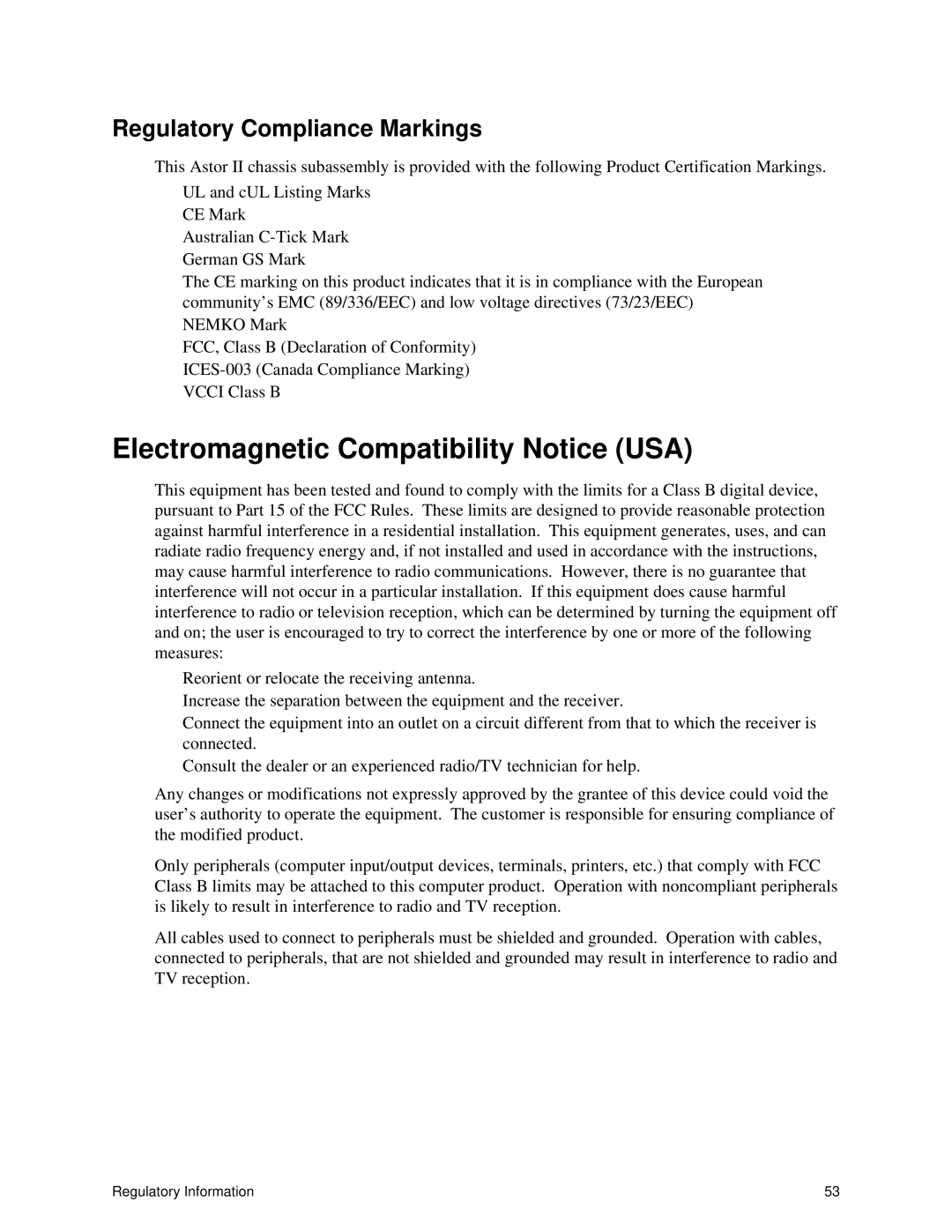 Intel II manual Electromagnetic Compatibility Notice USA, Regulatory Compliance Markings 