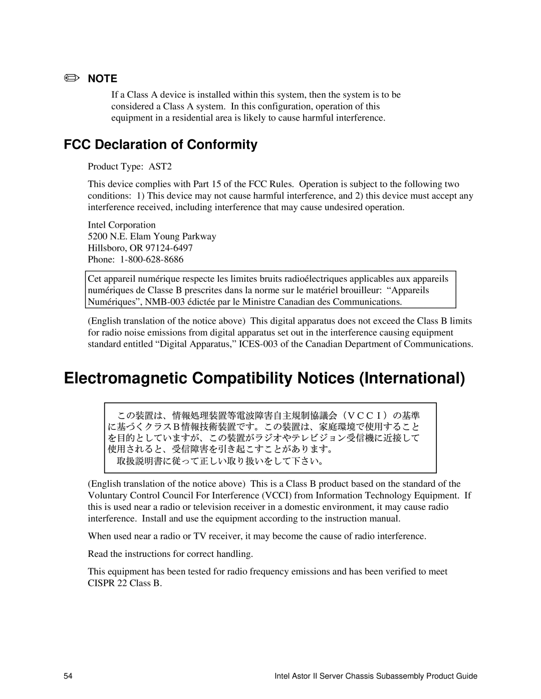 Intel II manual Electromagnetic Compatibility Notices International, FCC Declaration of Conformity 