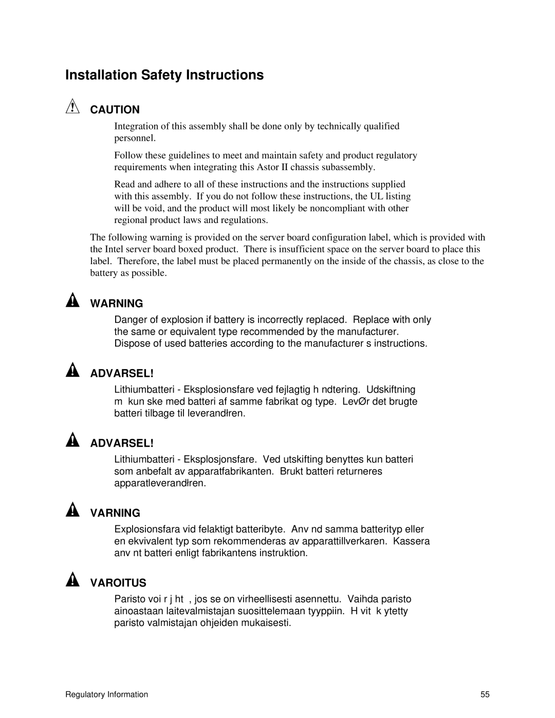 Intel II manual Installation Safety Instructions, Varning 