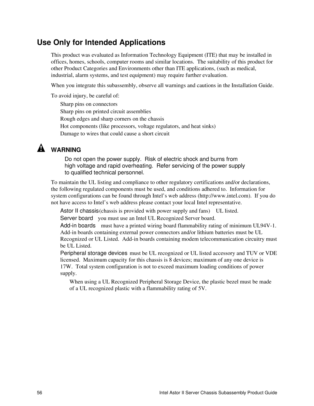 Intel II manual Use Only for Intended Applications, Be UL Listed 