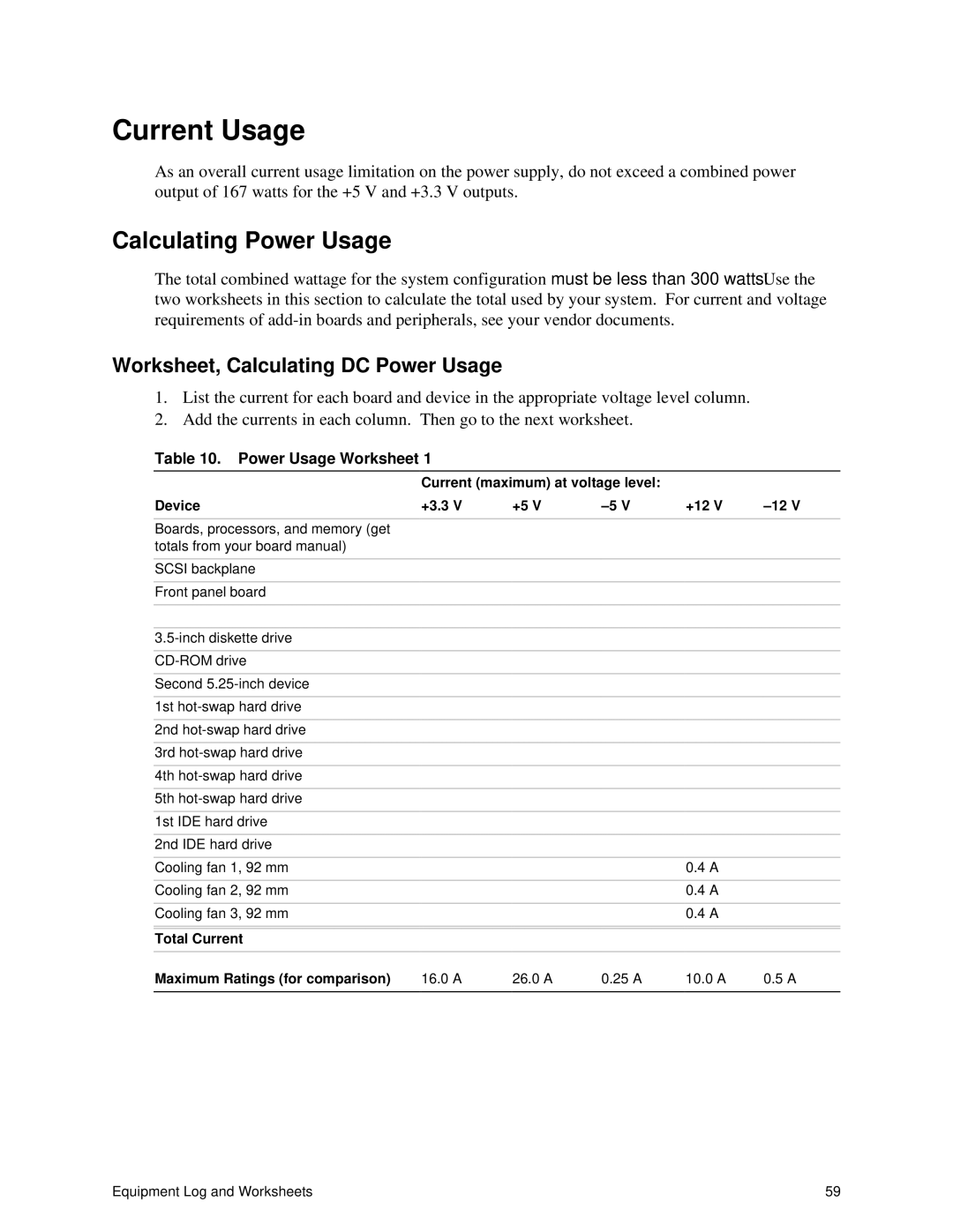 Intel II manual Current Usage, Calculating Power Usage, Worksheet, Calculating DC Power Usage, Power Usage Worksheet 