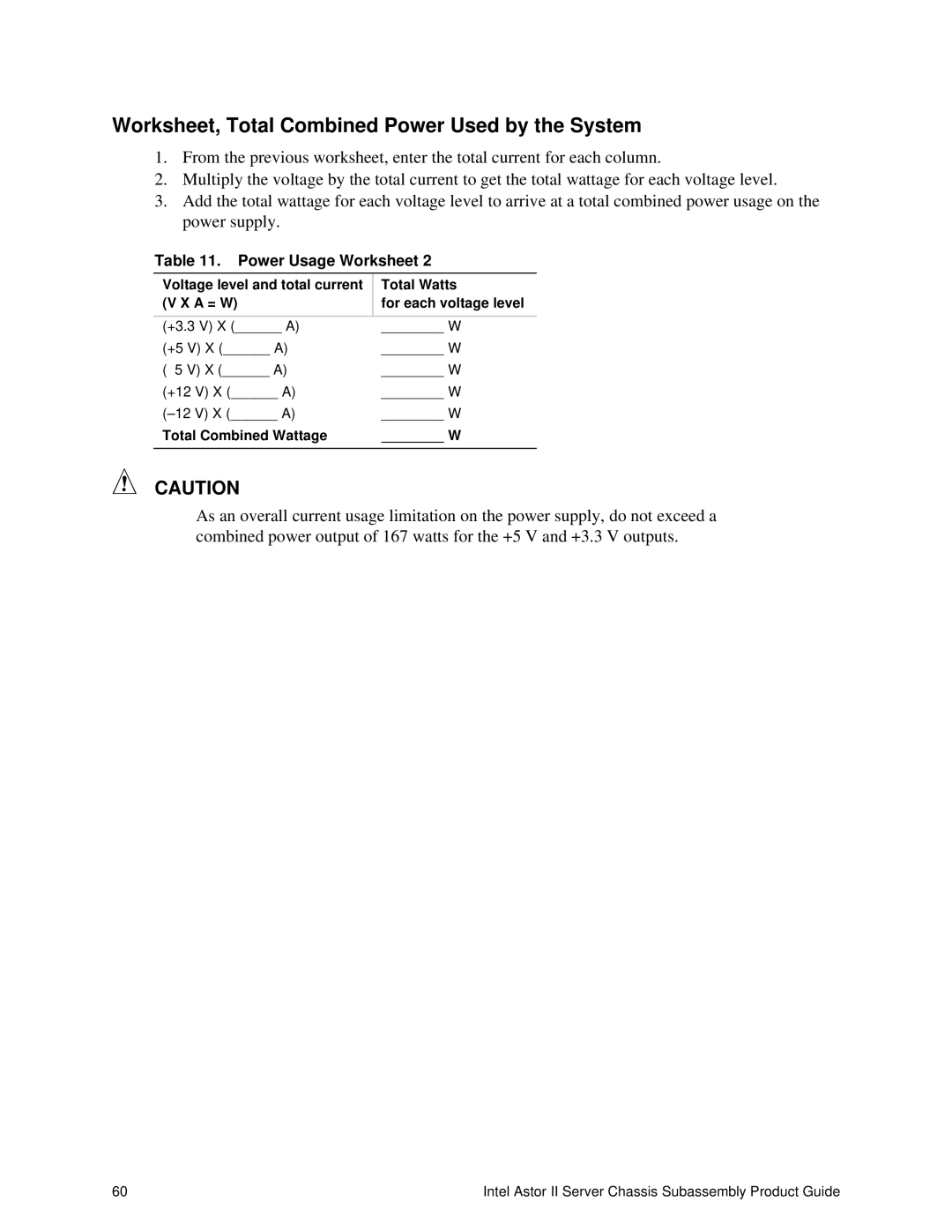 Intel II manual Worksheet, Total Combined Power Used by the System 