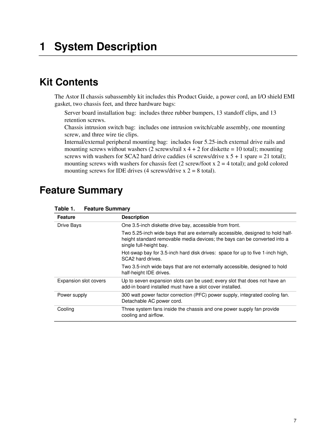 Intel II manual Kit Contents, Feature Summary 