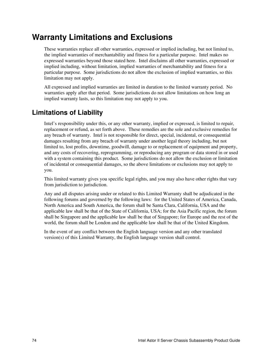 Intel II manual Warranty Limitations and Exclusions, Limitations of Liability 