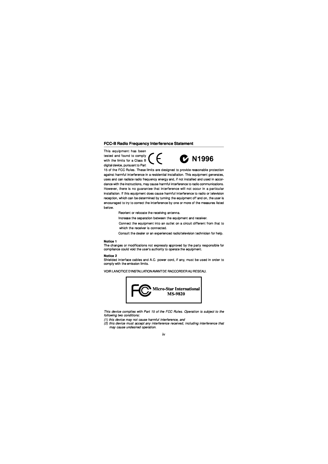 Intel IM-Q35 Series manual FCC-B Radio Frequency Interference Statement, Micro-Star International MS-9820 