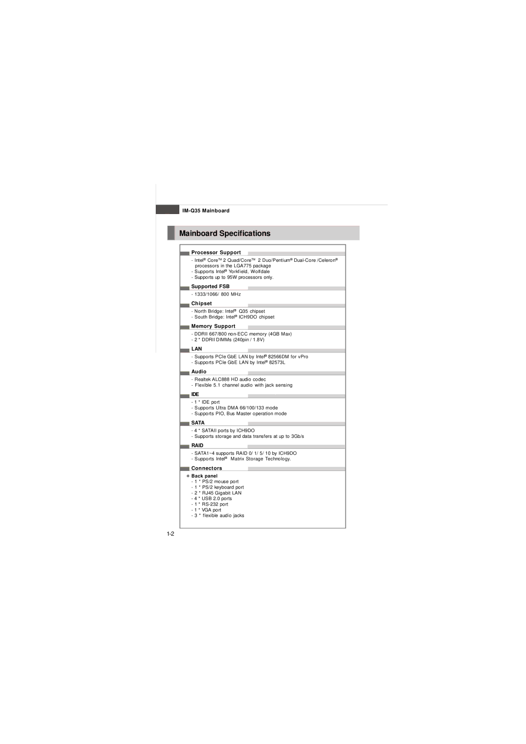 Intel IM-Q35 Series manual Mainboard Specifications, Lan, Ide, Sata, Raid 