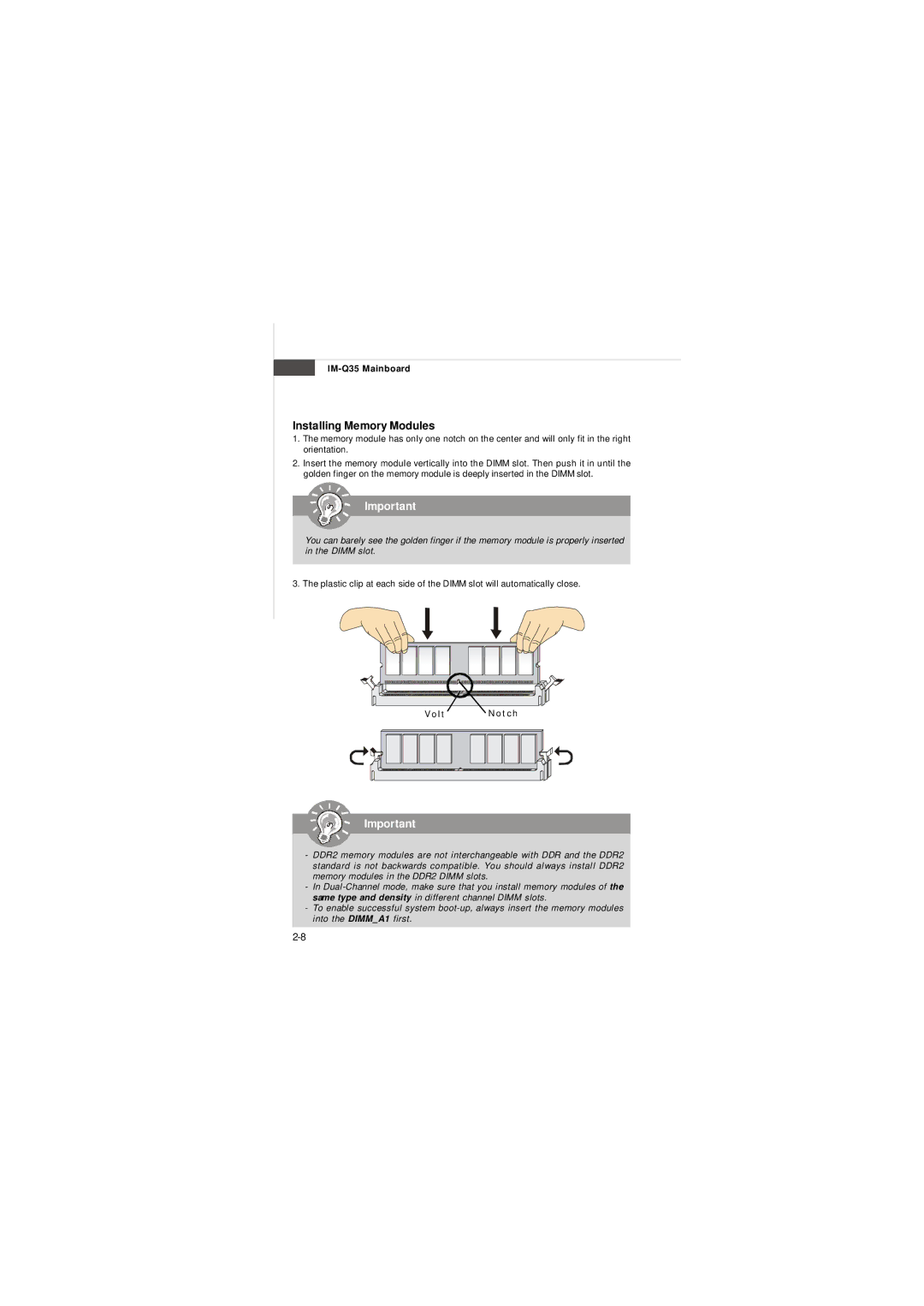 Intel IM-Q35 Series manual Installing Memory Modules, Volt Notch 