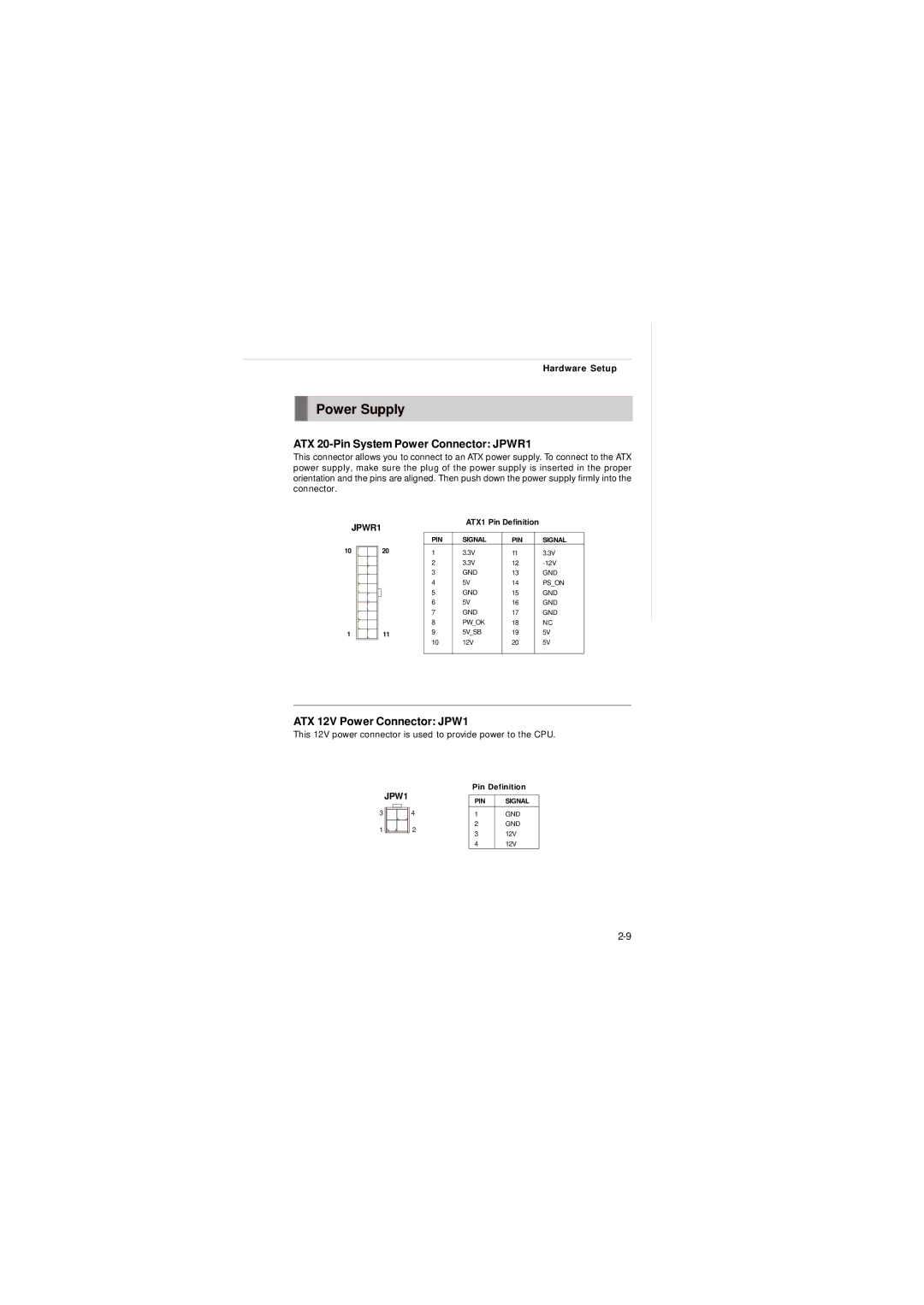 Intel IM-Q35 Series manual Power Supply, ATX 20-Pin System Power Connector JPWR1, ATX 12V Power Connector JPW1 