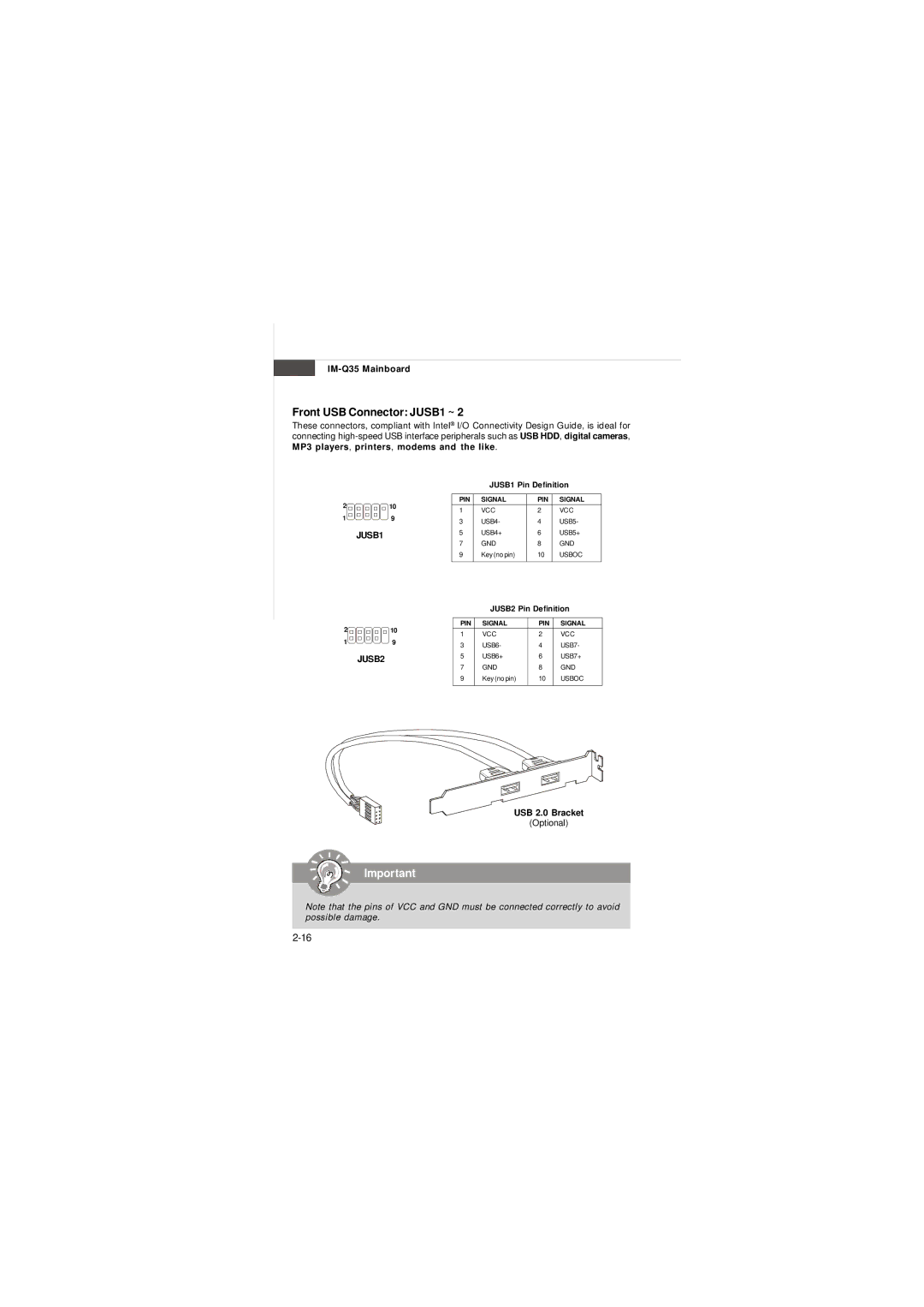 Intel IM-Q35 Series manual Front USB Connector JUSB1 ~, JUSB1 JUSB2, USB 2.0 Bracket 