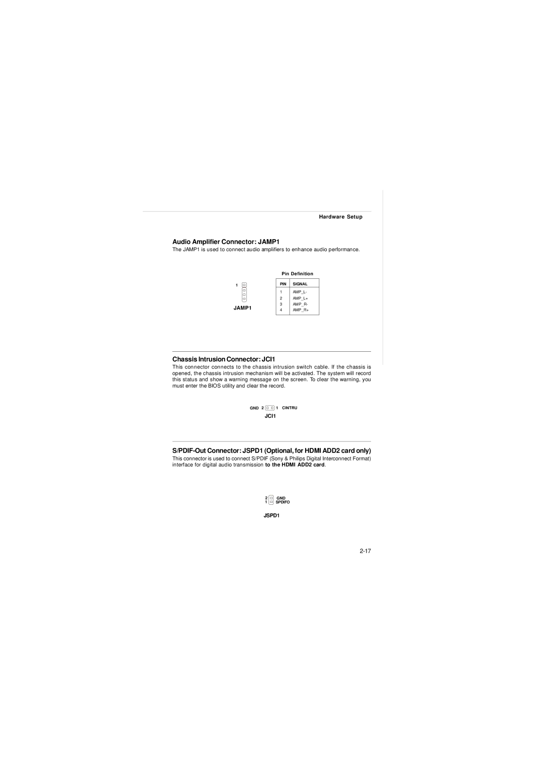 Intel IM-Q35 Series manual Audio Amplifier Connector JAMP1, Chassis Intrusion Connector JCI1 