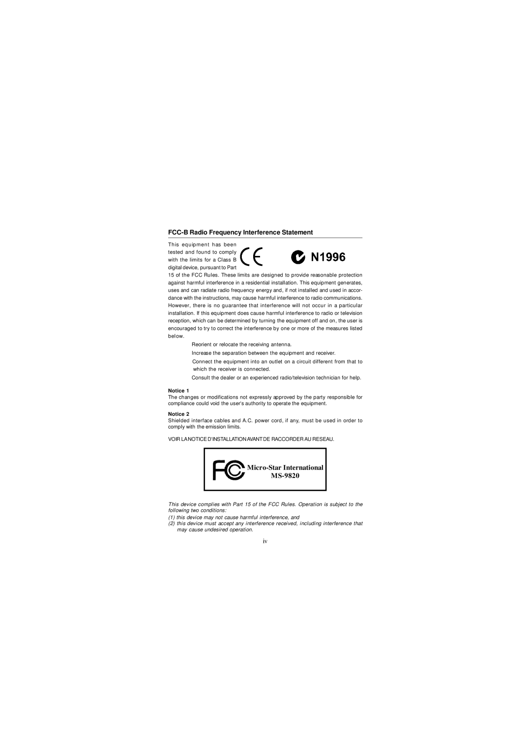 Intel IM-Q35 Series manual Micro-Star International MS-9820, FCC-B Radio Frequency Interference Statement 