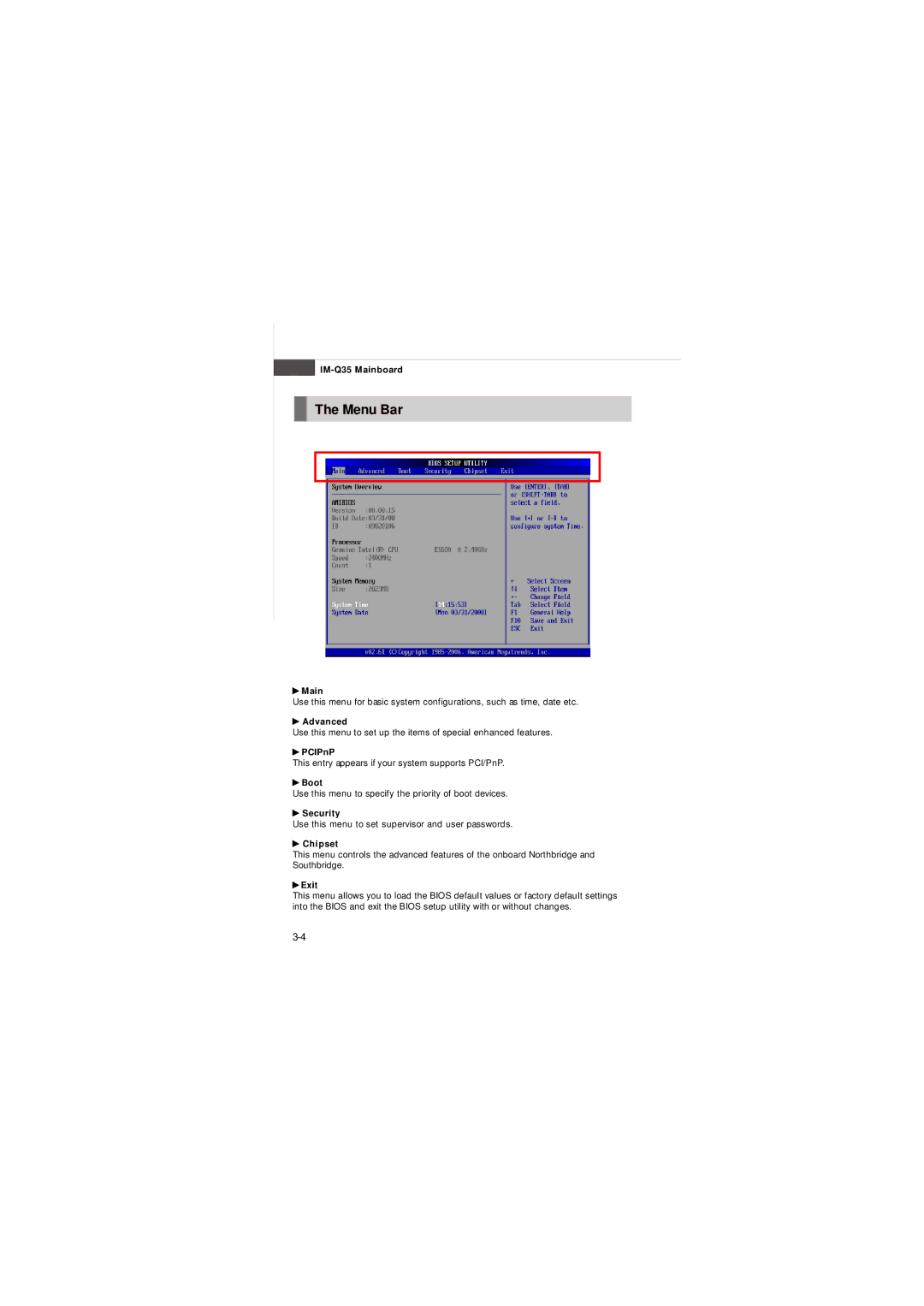 Intel IM-Q35 Series manual Menu Bar 