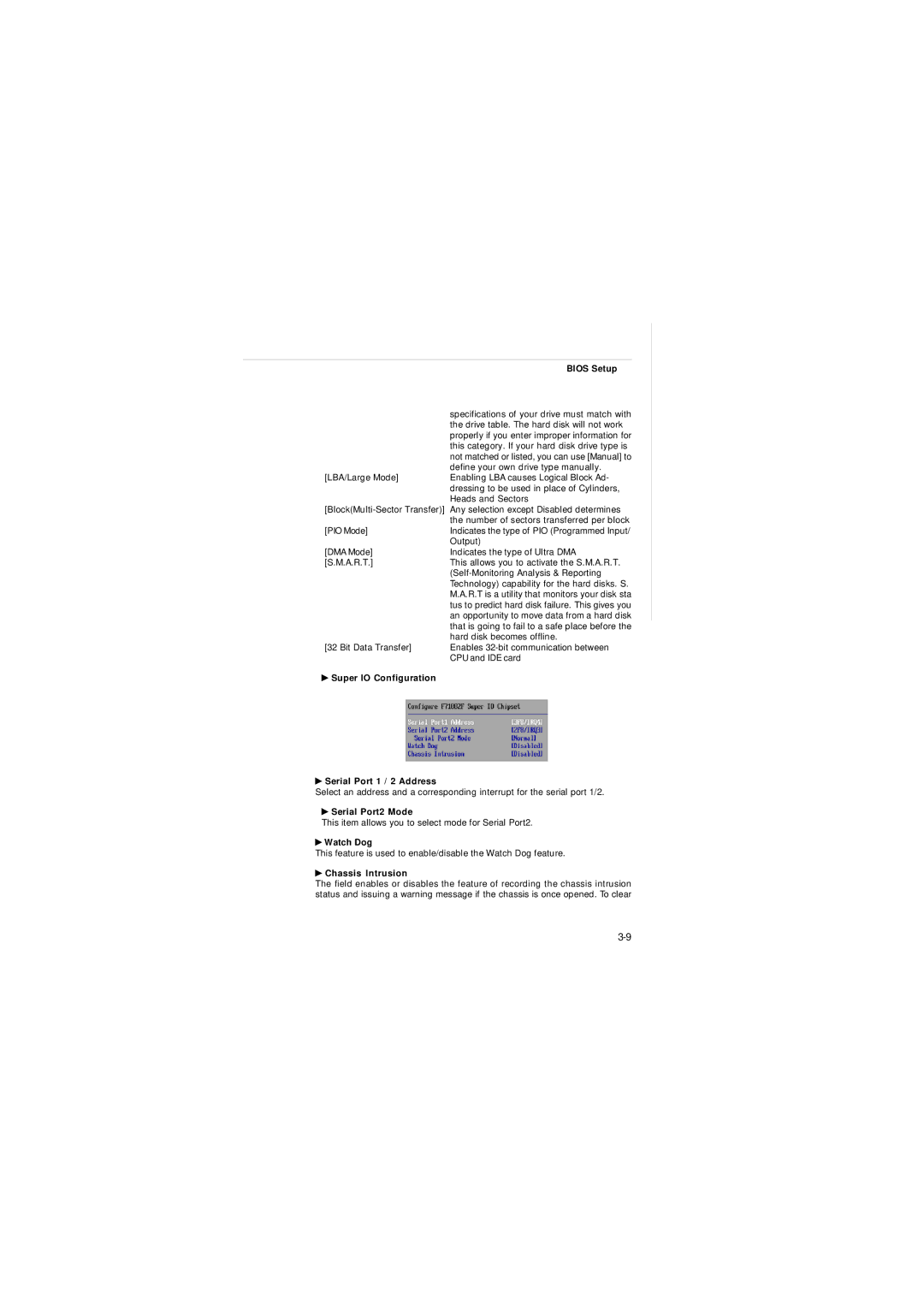 Intel IM-Q35 Series Super IO Configuration Serial Port 1 / 2 Address, Serial Port2 Mode, Watch Dog, Chassis Intrusion 